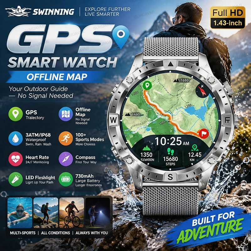 T-Rex3 Pro New GPS Smart Watch Outdoor Map Navigation Compass LED Flashlight 730mAh Battery 3ATM Waterproof Call Men Sport Watch