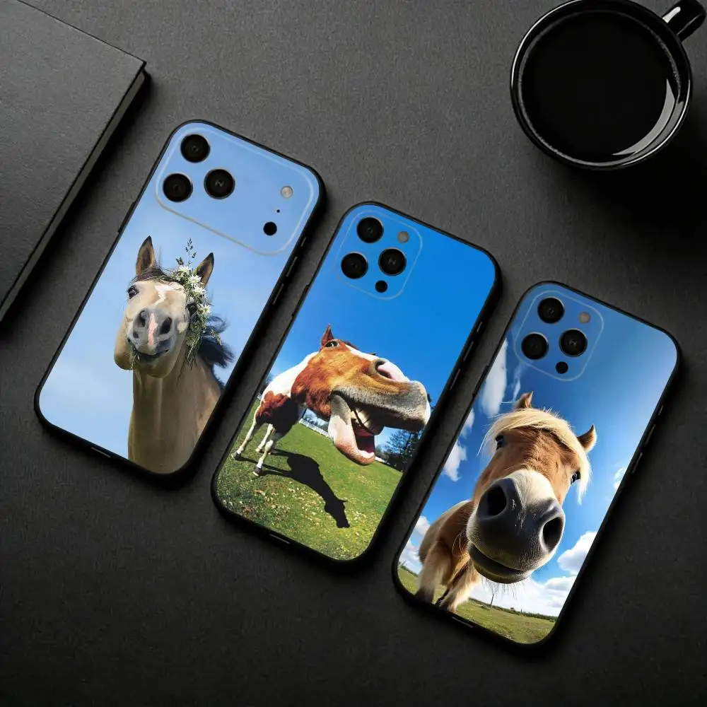 

Funny Art Horse Animal Phone Case For iPhone 17pro,16,15,14,13,12,11 Plus,Pro Max,XS,Soft Silicone Black Cover