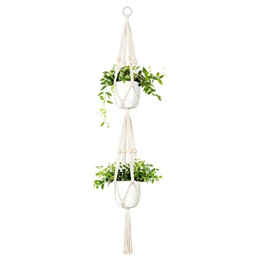 

Macrame Double Plant Hanger Indoor Outdoor 2 Tier Hanging Planter Basket Cn Rope with Beads 4 Legs 49 Inches