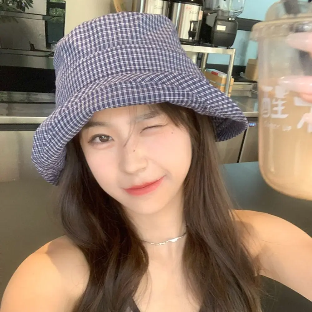Korean Summer Plaid Bucket Cap Quick-dry Curled Plaid Sun Hat Bow Foldable Fisherman Caps for Women