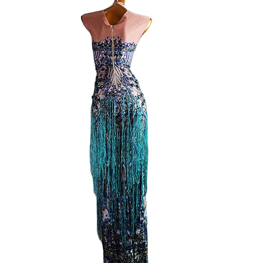 Sleeveless Tight Stretch Women Long Dress Sparkly Blue Rhinestone Tassel Dresses Performance Stage Nightclub Singer Costumes