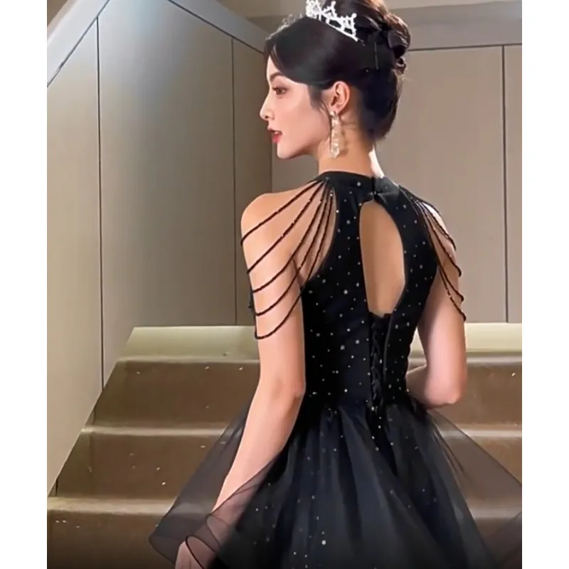 2026 Vrouwen Nieuwe Banket Kant Avondjurk Modieuze Afslanken Kralen Schouderbanden Multi Layer Garen Terug Band Lange Jurk