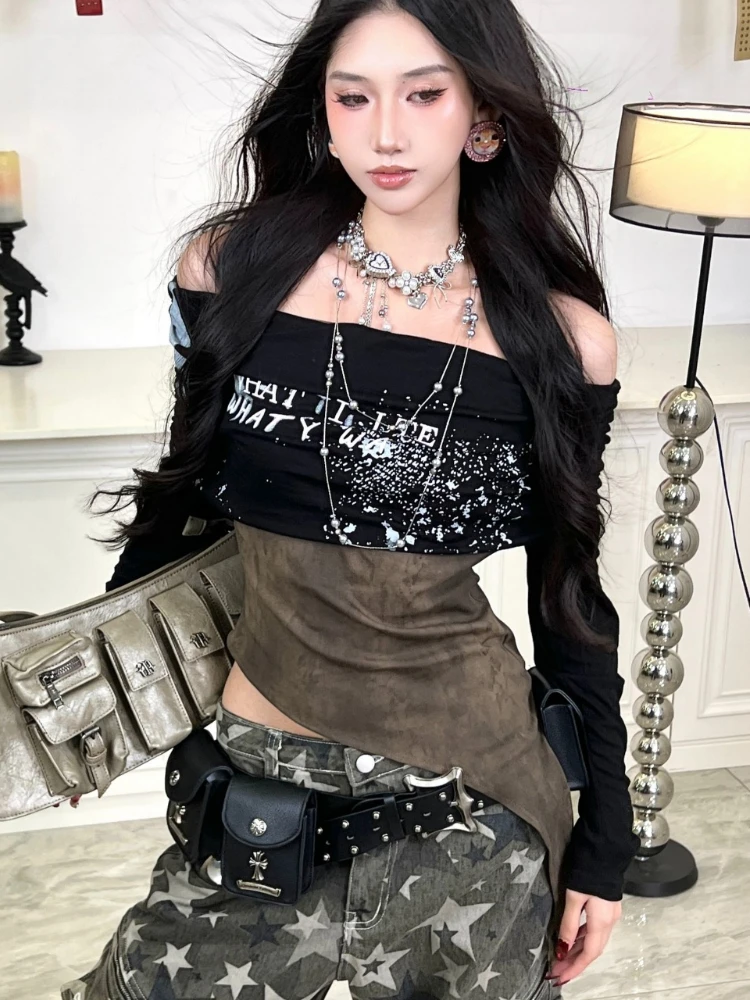 Camiseta negra de manga larga con hombros descubiertos con estampado de letras, con detalle de salpicaduras, Top corto gótico, camiseta informal de otoño para mujer