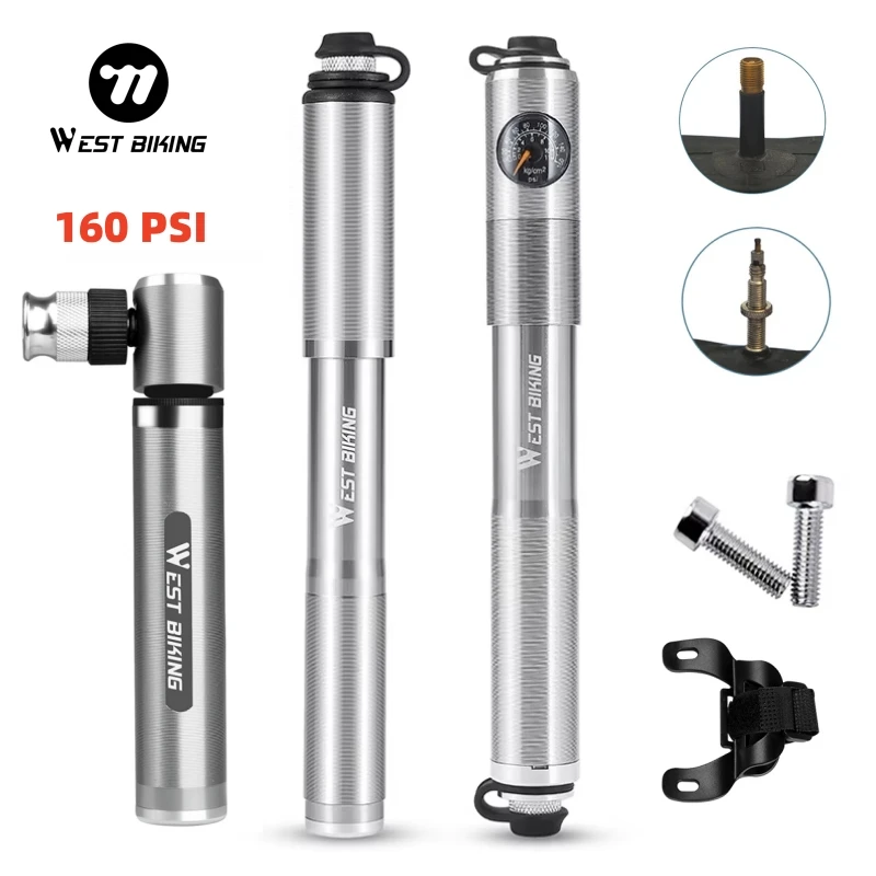 West biking 160psi bomba de bicicleta com medidor portátil liga alumínio bomba para schrader & presta válvula mtb acessórios da bicicleta estrada