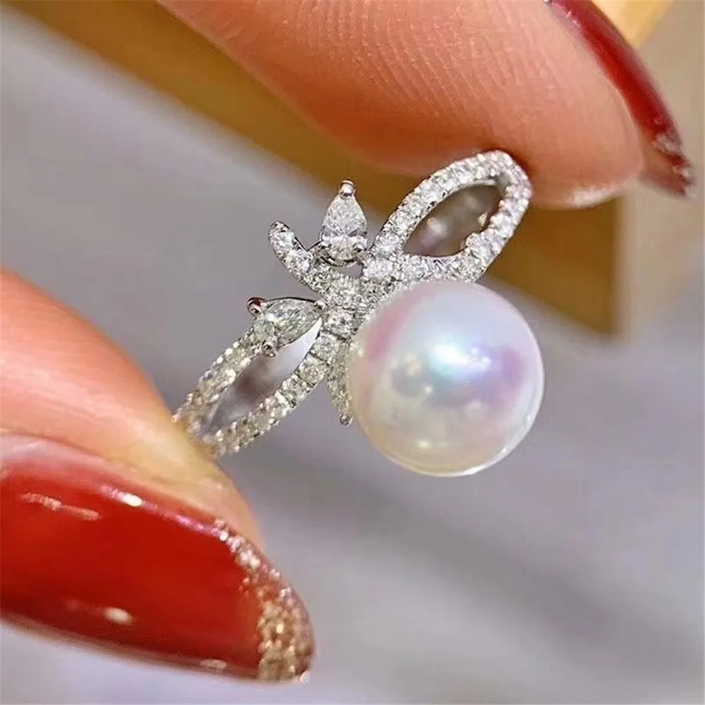 

DIY Pearl Ring Accessories S925 Sterling Silver Ring Empty Support K Gold Version Jade Ring Silver Fit 8-10mm Round Flat Z414