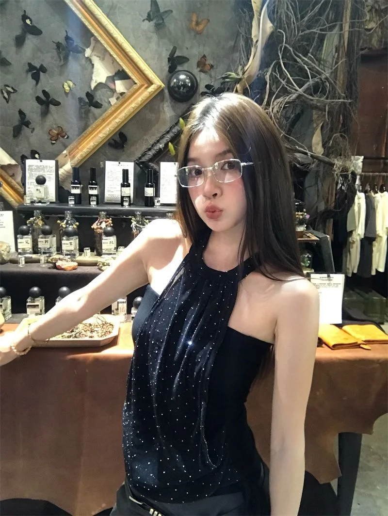 

2025 Women's Y2K Halter Neck Rhinestone Tank Top - Side Tie Slim Fit Sleeveless Blouse, Vintage Sweet Streetwear Spring Summer