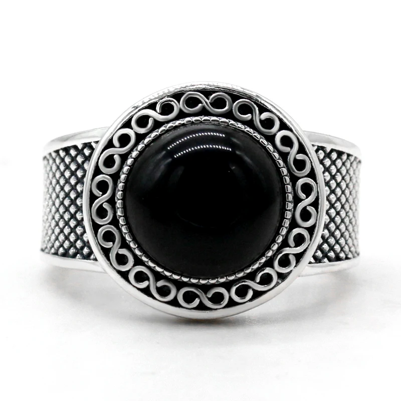 خاتم العقيق الطبيعي للرجال 925 فضة دائري أسود الأحجار الكريمة خمر خاتم المرأة أنيقة Türkiye الفضة والمجوهرات الرائعة
