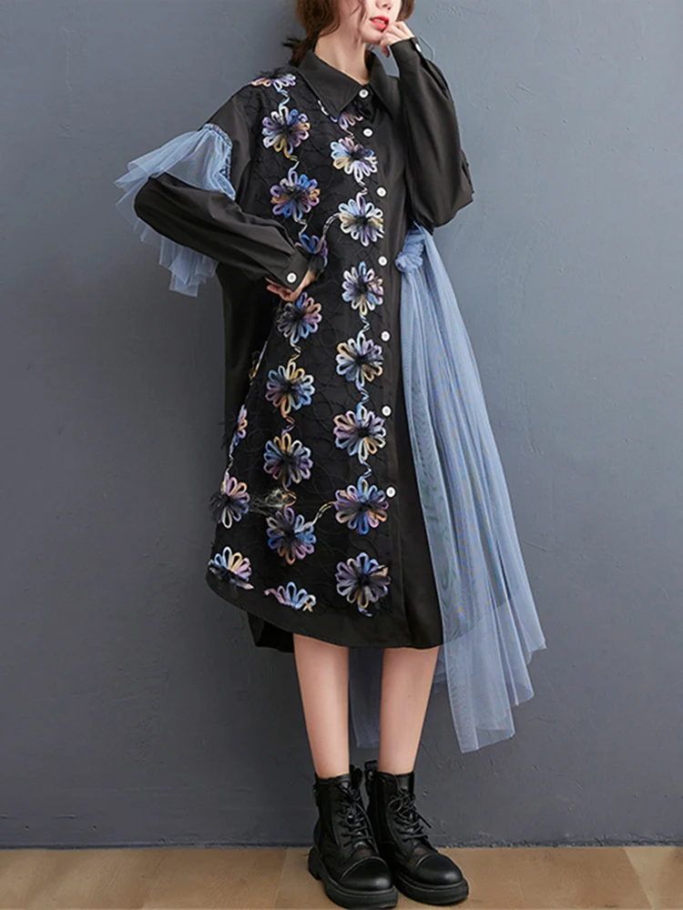 Patchwork Mesh Floral Shirt Dresses For Women Long Sleeve Loose Casual Vintage Dress Fashion Elegant Clothing Spring Autumn 2024