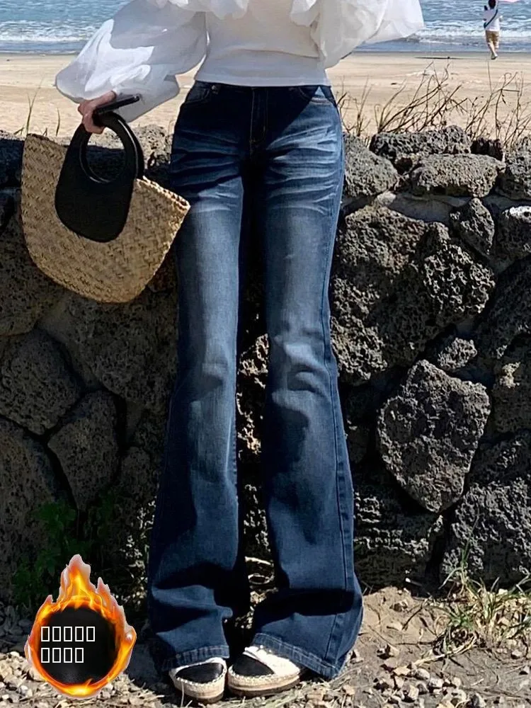 

Ретро джинсы-клеш с флисовой подкладкой для женщин, осенне-зимние, новые, в стиле кэжуал, больших размеров, прямые брюки с эффектом похудения