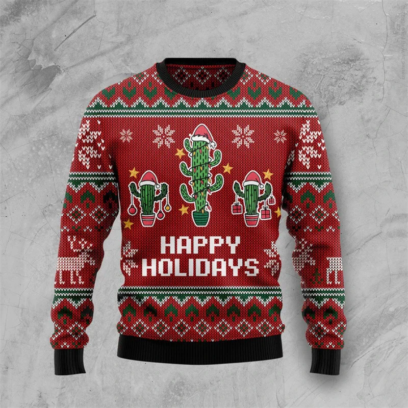 Cartoon Cactus Pattern Ugly Christmas Sweater Men Women Happy New Year Hoodies Tops Street Holiday Party Oversized Sweatshirts