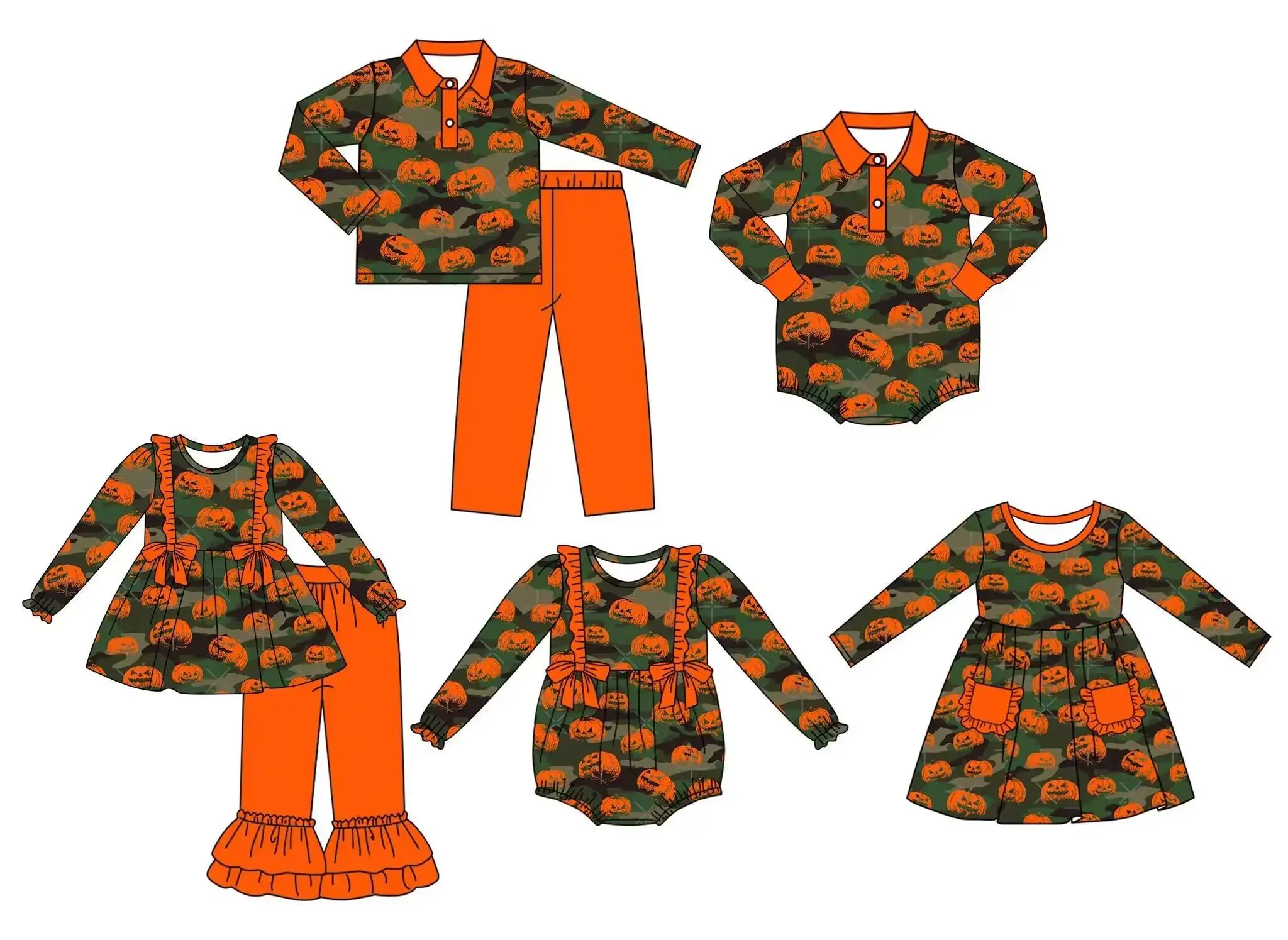 Wholesale Halloween Toddler Costumes Spooky Pumpkin Print Toddler Orange Costume Girls Long Sleeve Bell Bottom Outfit Long Sleev