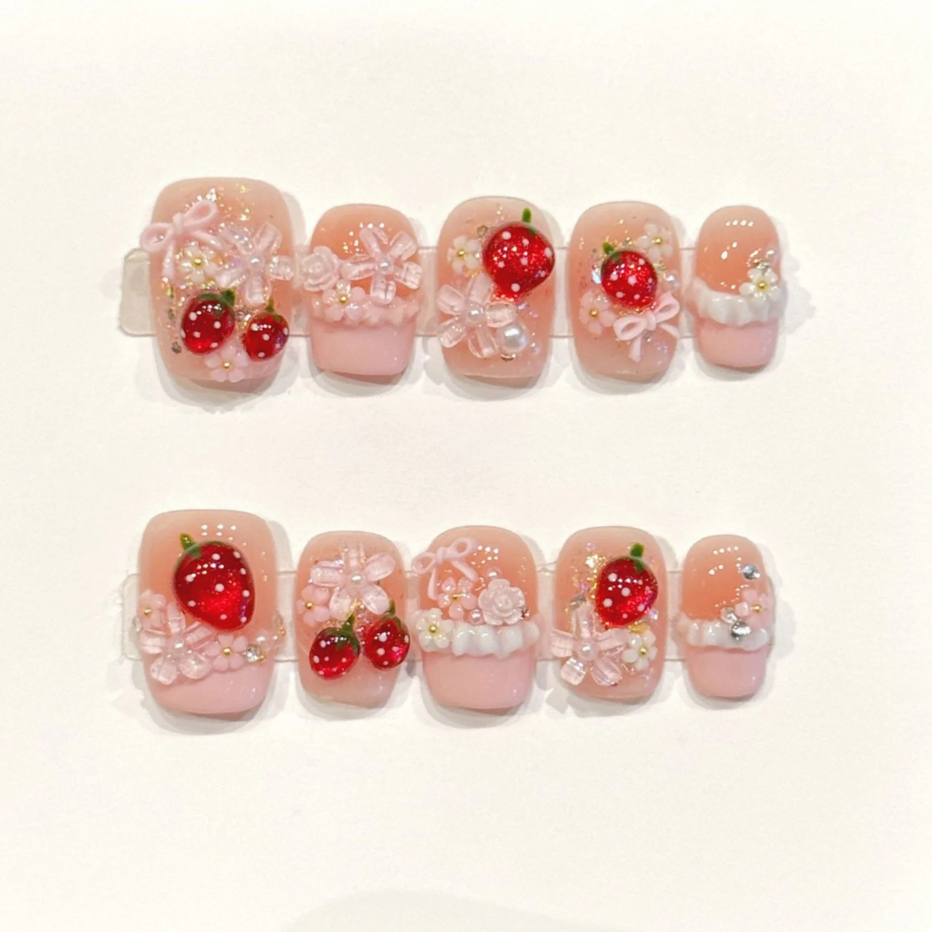 

10pcs Strawberry Short Ballet Handmade Nails Tips Pearl Sweet Square False Nail Art French Fake Nail Flower Bow Press on Nails