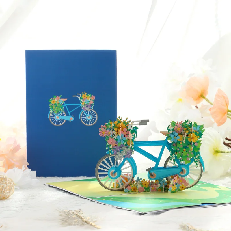 3D Pop Up It Bicycle With Flower Birthday Greeting Cards Thanks Card Cartoon Postcard Send Message Holidy Wishes Gifts To Friend