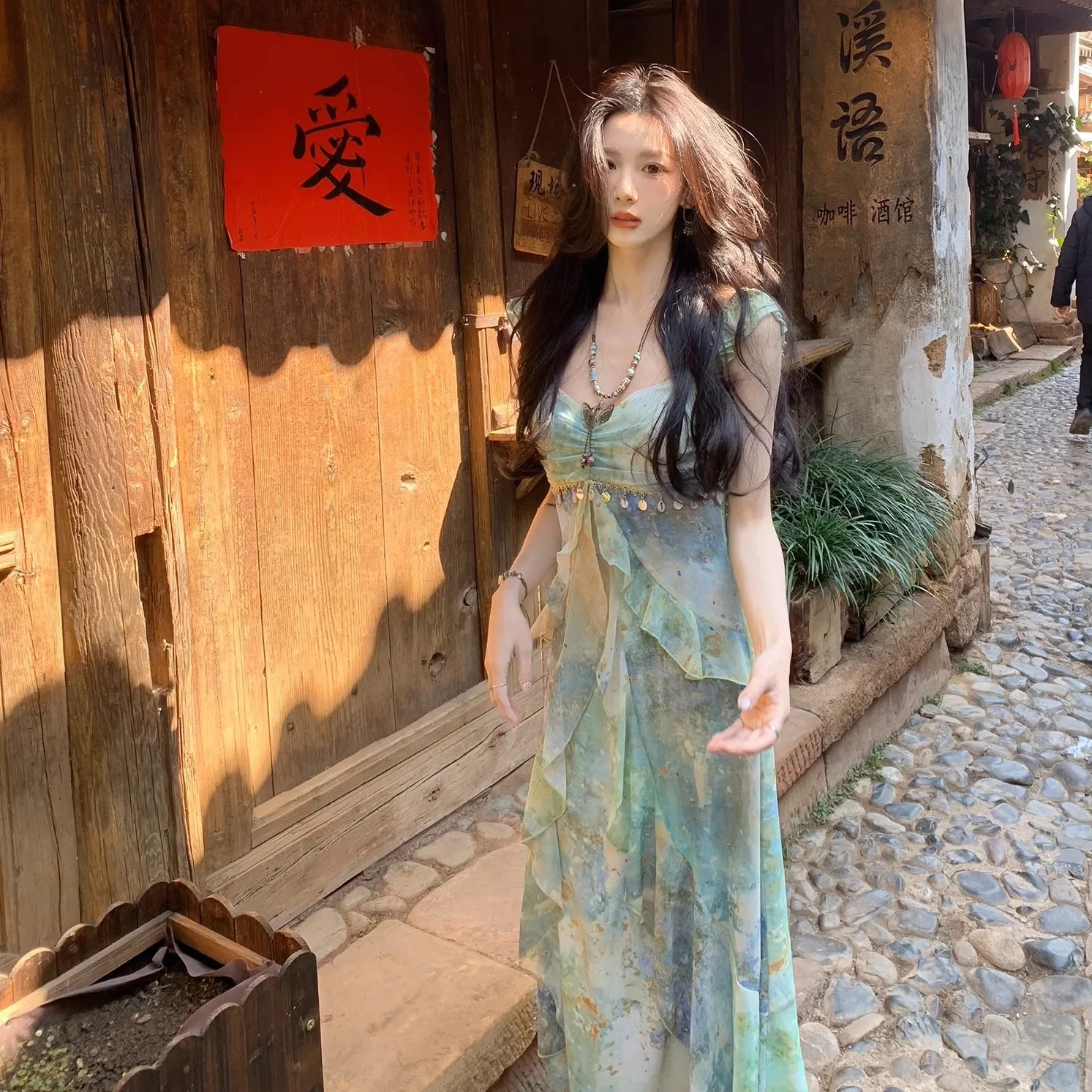 

2026 New French Floral Dress for Women Summer Fashion Bohemian Straps Long Dress Beach Vacation Oil Painting Style Dresses Y2k