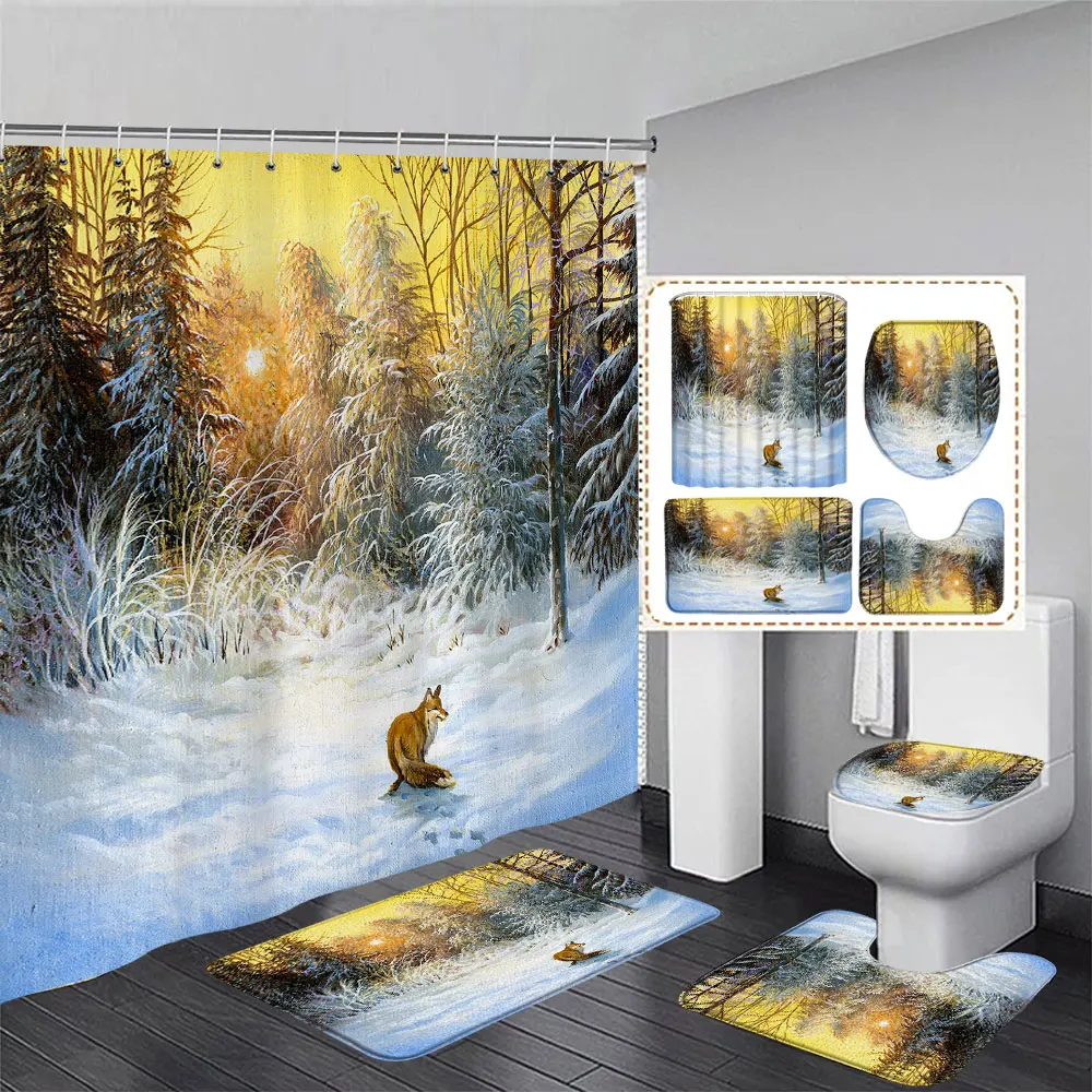 Winter Forest Snowy Shower Curtain Rug Set White Ice Bear Xmas Tree Washable Shower Curtains Bath Mat Toilet Mat Bathroom Decor