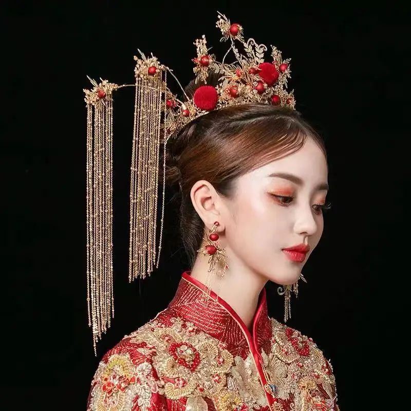 Himstory Red Velvet Ball Vintage Chinese Wedding Traditional Bridal Hair Crown  Long Tassel Phoenix Hairwear Accessories