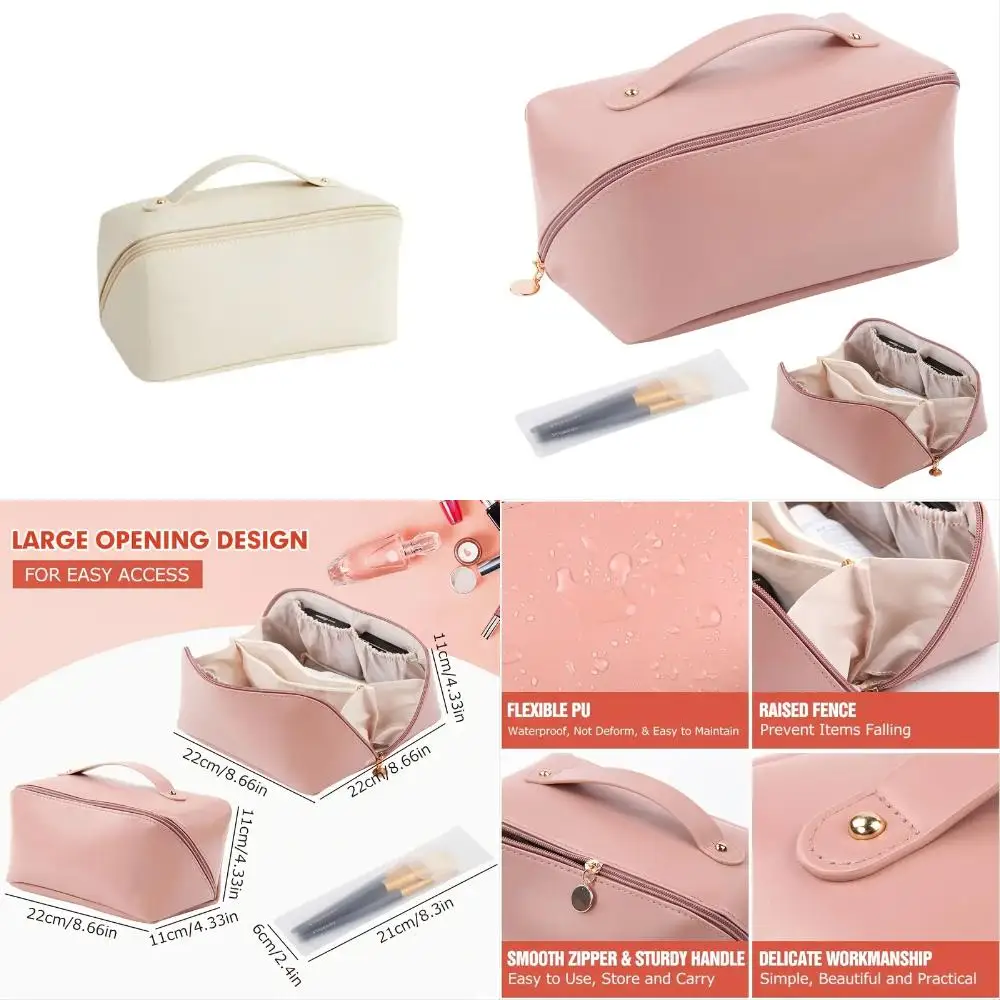 Large Capacity Flat Opening Leather Cosmetics Toiletries Bag