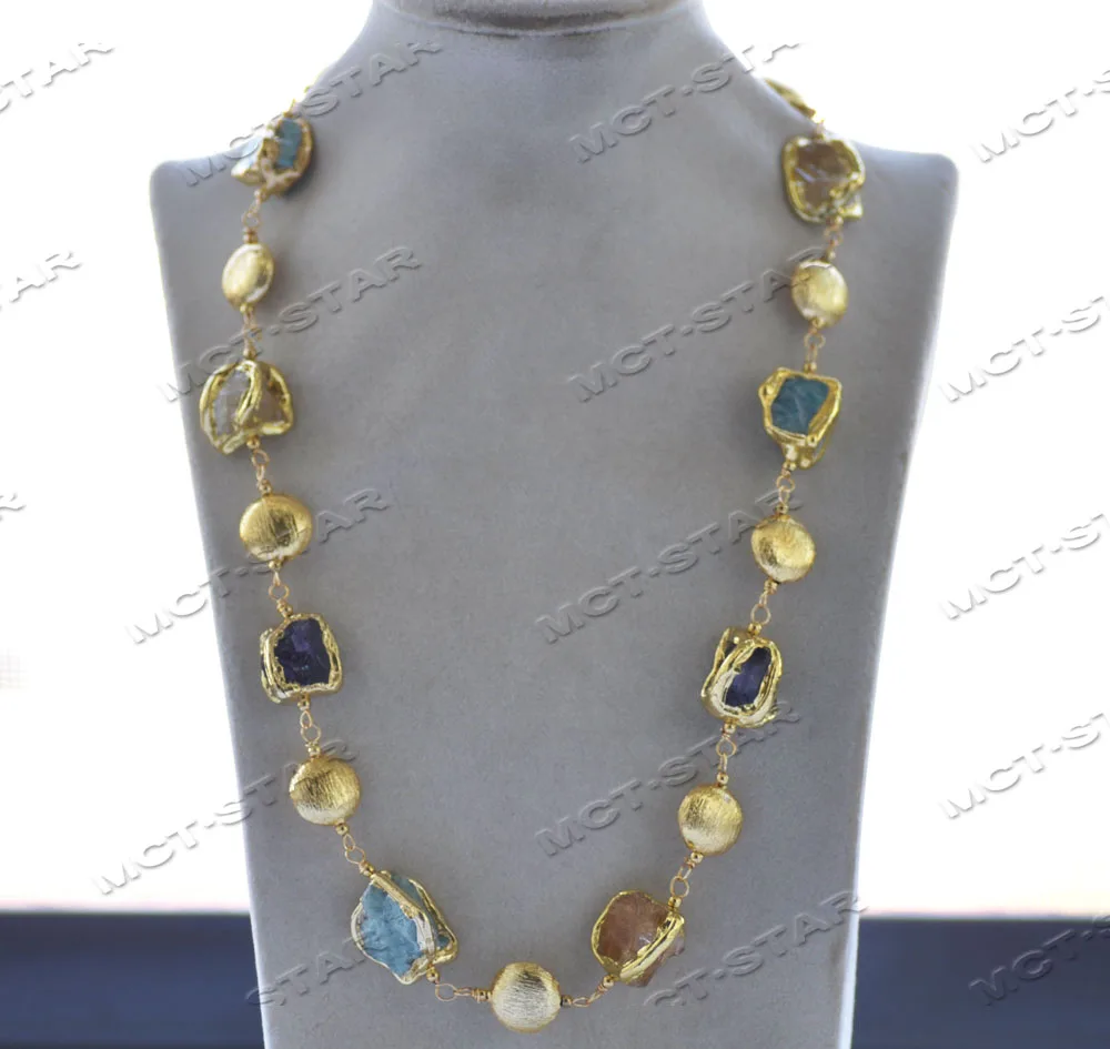 MTC·STAR 25'' 22mm Baroque Citrine Amethyst Aquamarine Coin Necklace (Z12317 )