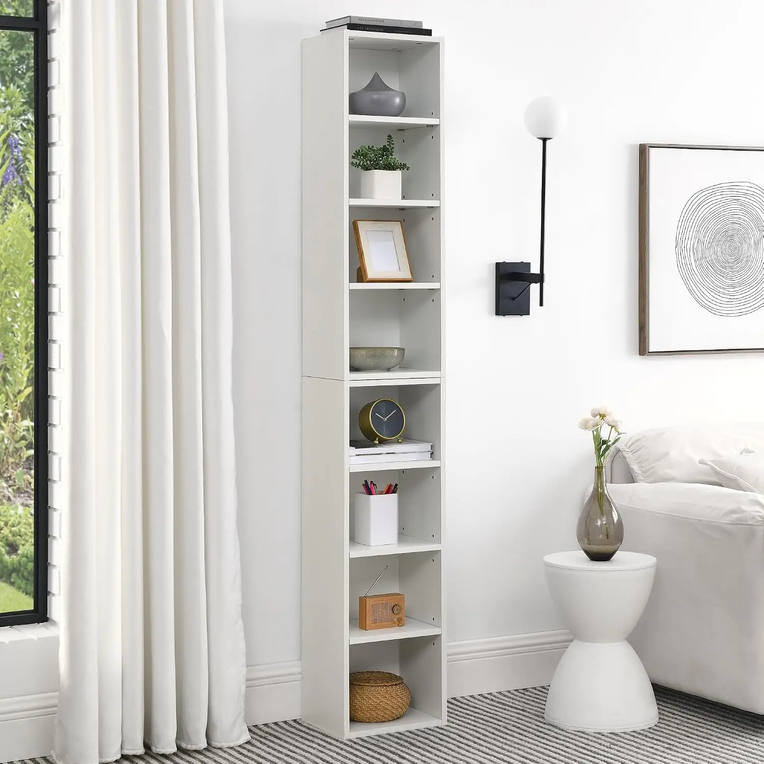 8-Tier Media Tower Rack, Slim CD DVD Storage Cabinet with Adjustable Shelves – Tall Narrow Bookcase for Home Office, Multi-Funct