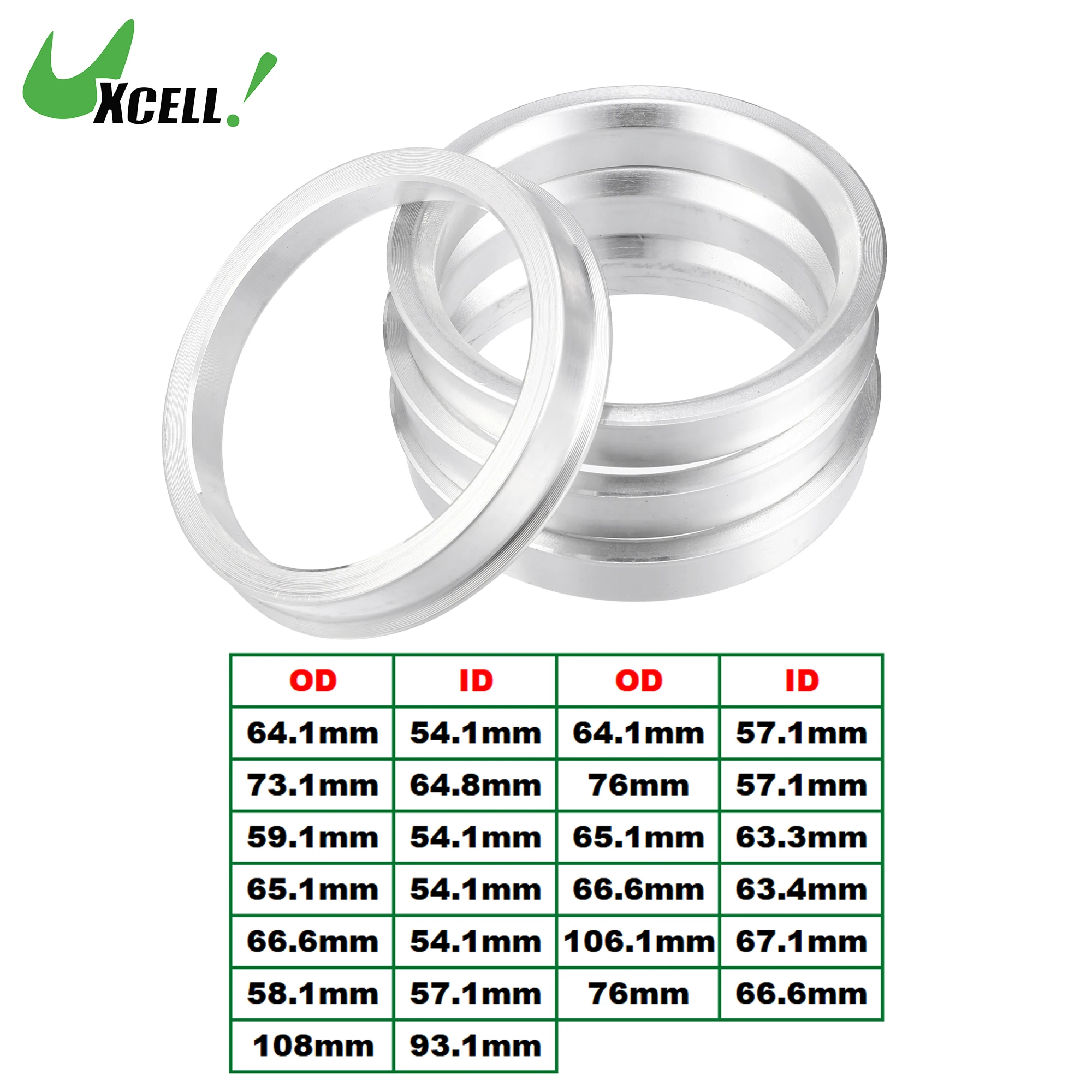 UXCELL 자동차 허브 중심 링 휠 보어 센터 스페이서, OD 58.1mm, 63.4mm, 64.1mm, 65.1mm, ID 54.1mm, 57.1mm, 66.6mm, 93.1mm, 4 개