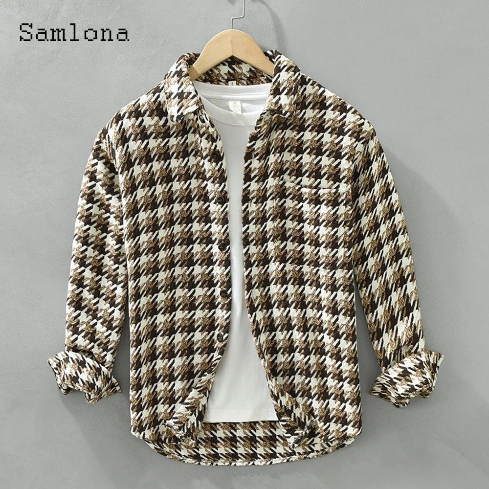 Kpop Style Fashion Houndstooth Shirts Men Vintage Street Blouse 2023 Single Breasted Tops Mens Casual Pocket Shirt blusas hommes