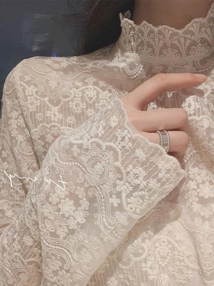 

Lace Base irt Women's f High Collar Me Inner Wear Spring Autumn New Sle Sweet Sle Loose Fit Long Sve Color