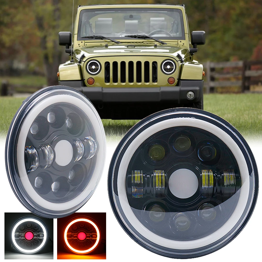 7'' inch LED Headlight For Jeep Wrangler JK JKU TJ LJ 1997-2018 H6024 Sealed Beam Bulb LED Headlamp Halo Ring Turn Signal & DRL