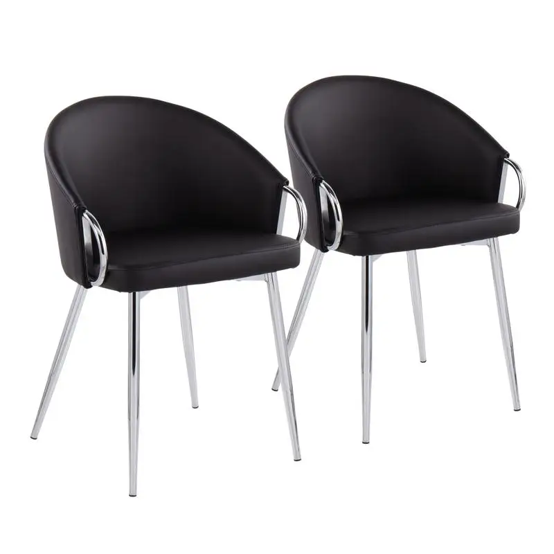 Contemporary Glam Chair Set of 2 in Chrome and Black Faux Leather