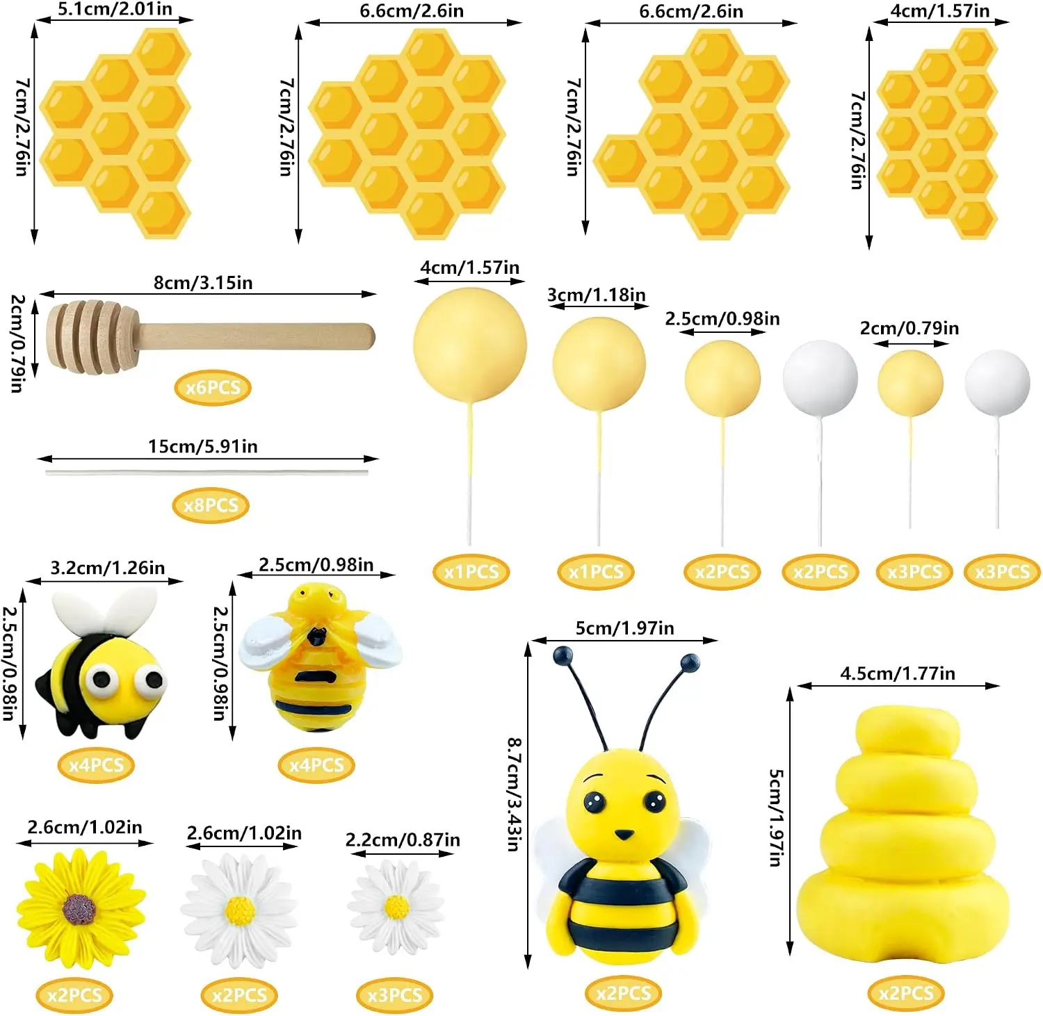 46 PCS Bee Cake Toppers Honeycomb Cake Decorations for Baby Shower Bee Theme Birthday Party Decoration Supplies