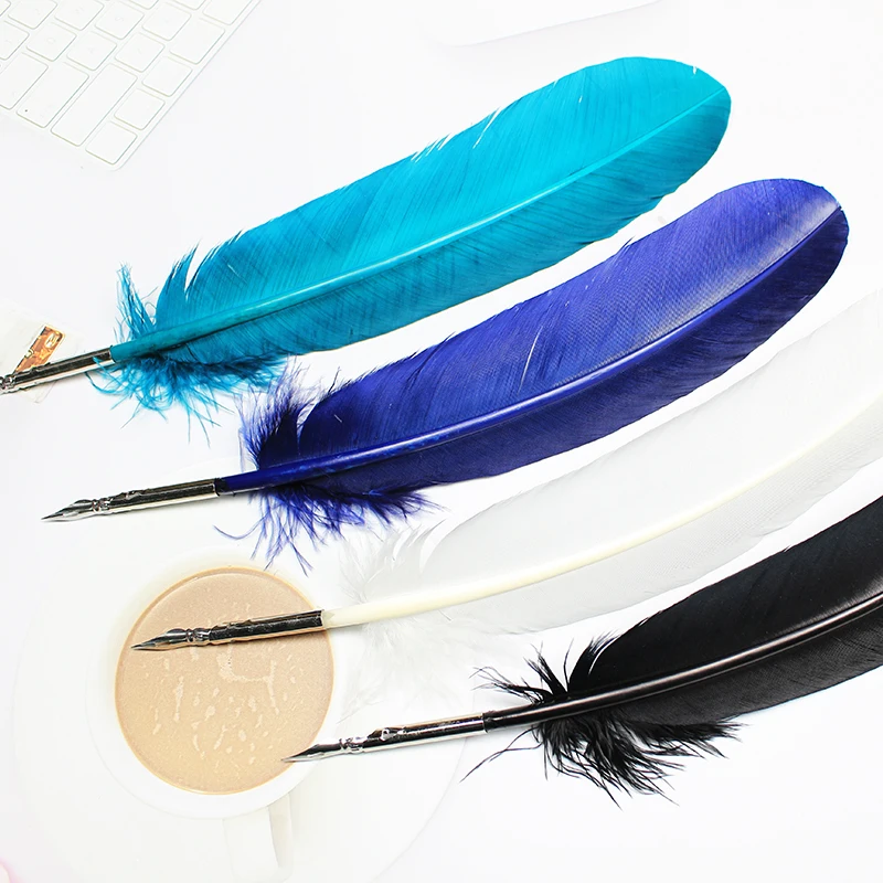 Stylo à plumes argenté rétro, 7 couleurs, plume de dinde, fournitures de bureau pour étudiants, cadeau d'anniversaire