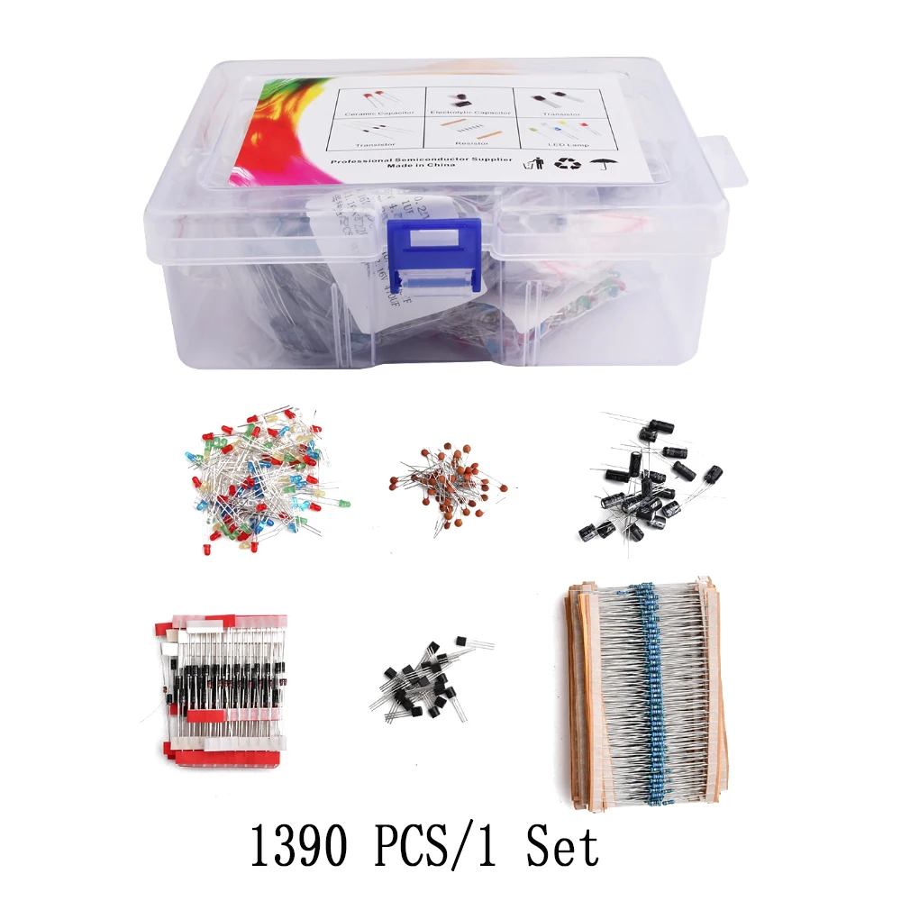 

1390Pcs Electronic components Kits Metal film Resistor assortment kit led diodes electrolytic Capacitor Ceramic set transistor