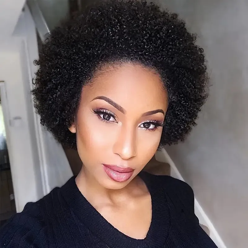여성용 짧은 곱슬머리 가발, 인모 아프로 곱슬머리, 전체 기계 제작 가발