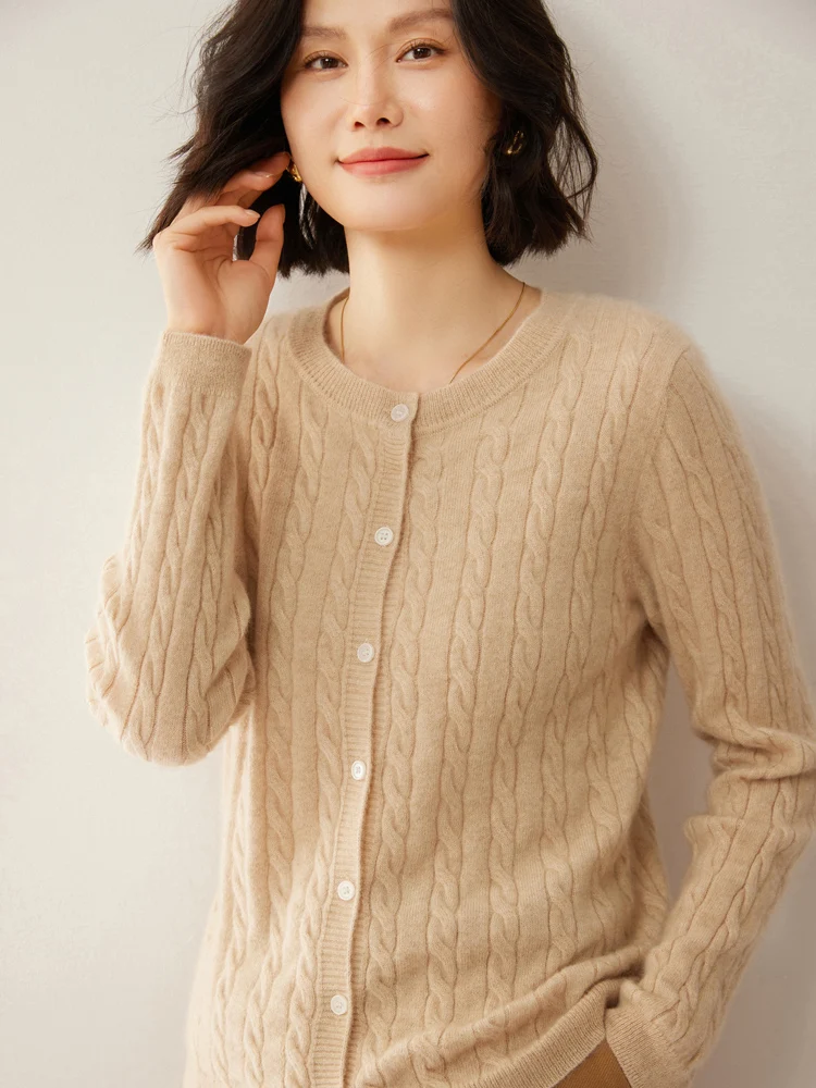 

High Quality Autumn Winter Women Sweater 100% Merino Wool Striped Knitwear Casual O-Neck Cardigan Classic Soft Cashmere Clothing