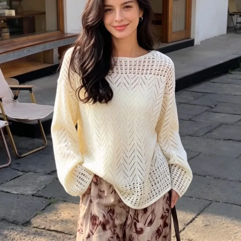 Korean Sweet Elegant Hollow Solid Color Loose Long Sleeved Knitted T-shirt Spring Summer Chic New Casual Women Sunscreen Cover