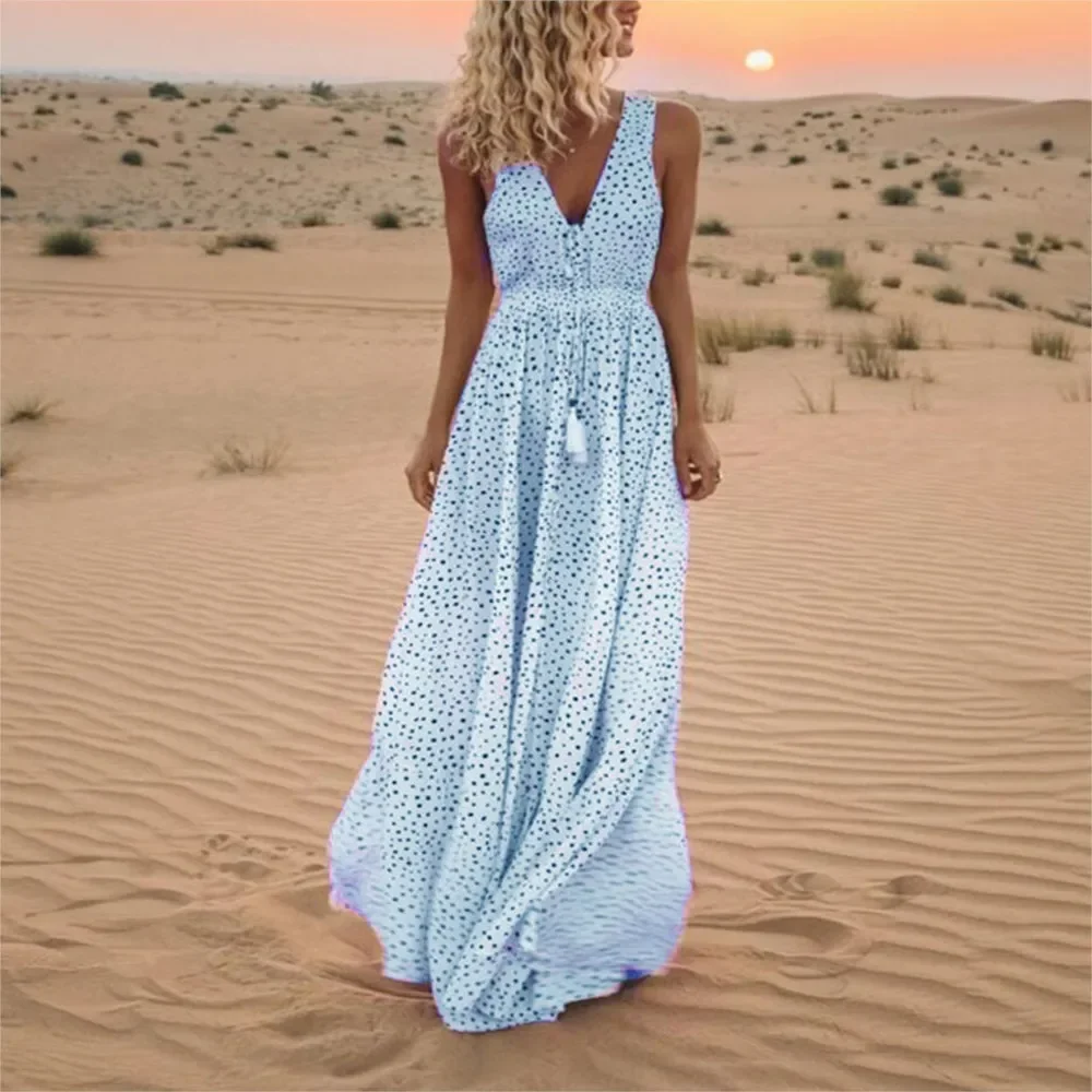 Vestido largo sin mangas con estampado de moda, vestido informal bohemio de verano con cuello en V, vestido holgado de corte A, vestido elegante para fiesta en la playa, bata para mujer
