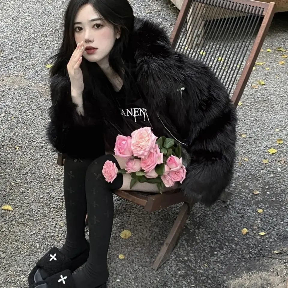 Winter Hooded Faux Mink Fur Jacket Song Snowman Hoodies Imitation Fox Fur Cross Embroidery Bomber Coat Fluffy Parkas Cardigan