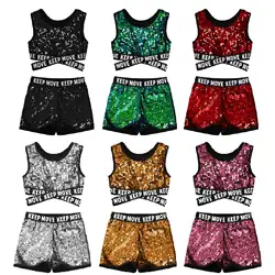 Kids Girls Shiny Sequin Dance Outfit for Jazz Dancing Stage Performance Sleeveless Letter Print Crop Top with Shorts Dancewear