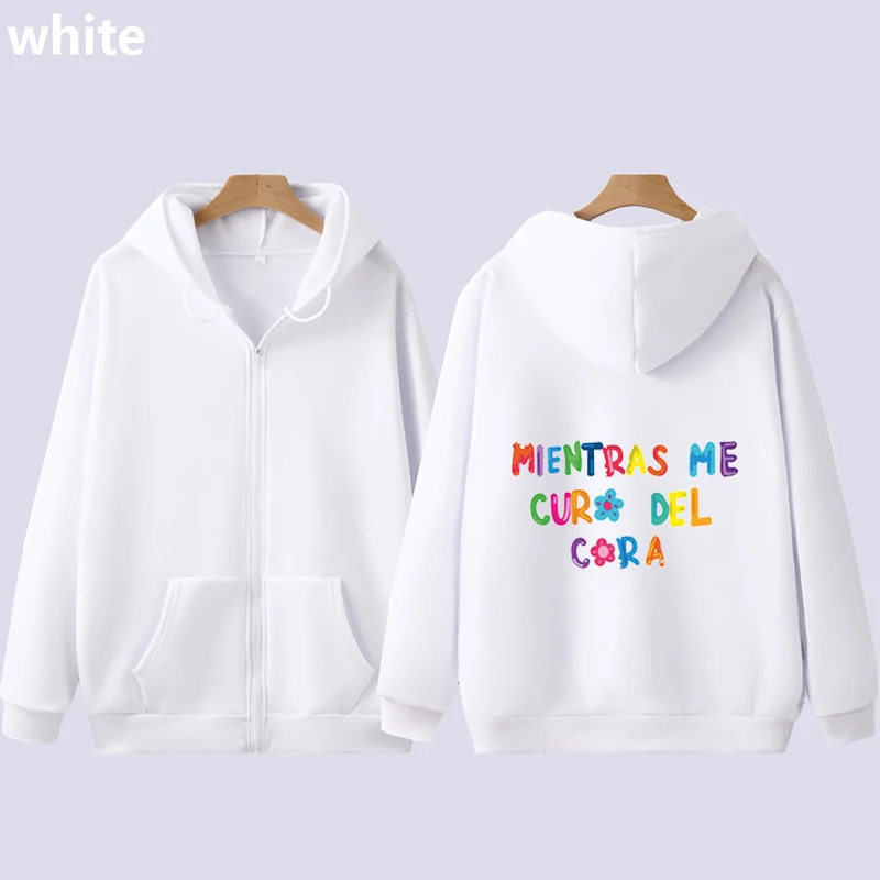 Karol G Mientras Me Curo Del Cora Text Fashion Print Zipper Sweatshirts Winter Clothing Gift For Fans