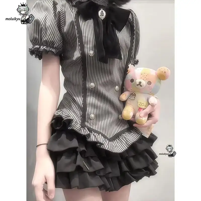 2Pcs Japanese Harajuku Yami Kawaii Women's Short Sleeve Striped T Shirt + Mini Tiered Skirt Y2K Girls Subculture Jirai Kei Set