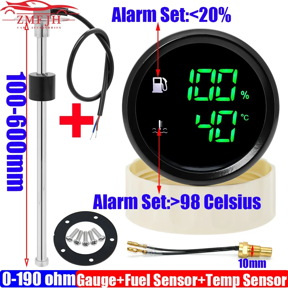 Multi Digital Dual 52mm Gauge Fuel Level+Water Temperature Gauge 2 In 1 with Alarm Fuel Level Sensor Water Temp Sensor Custom