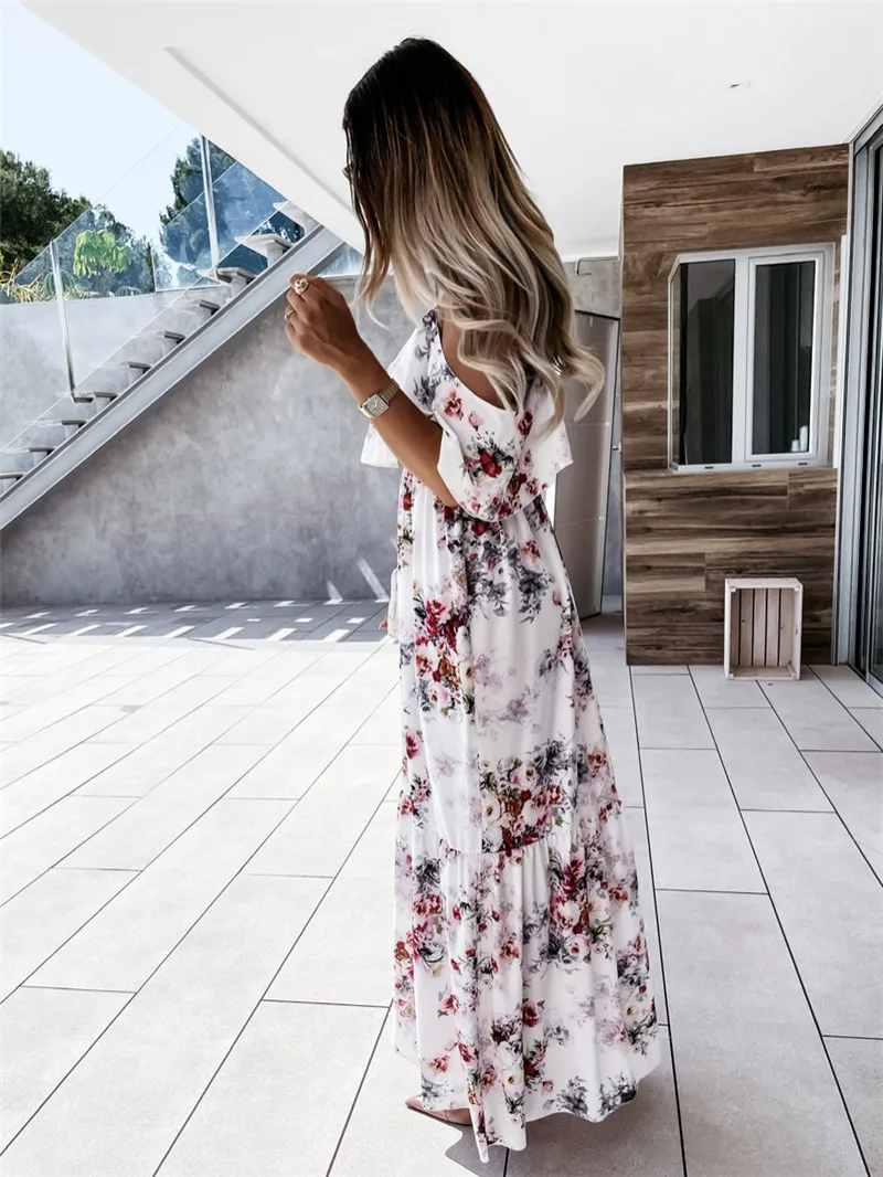 Women Summer Cold Shoulder Dresses Casual Spaghetti Straps Floral Maxi Boho Dress