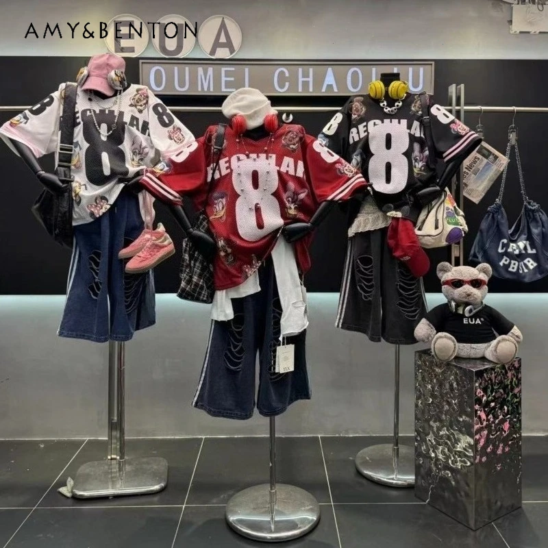 

American Street Style Cool Top Summer Short-sleeved T-shirt V-neck Jersey Tee Loose Oversized Casual Athletic Tshirts Pullover