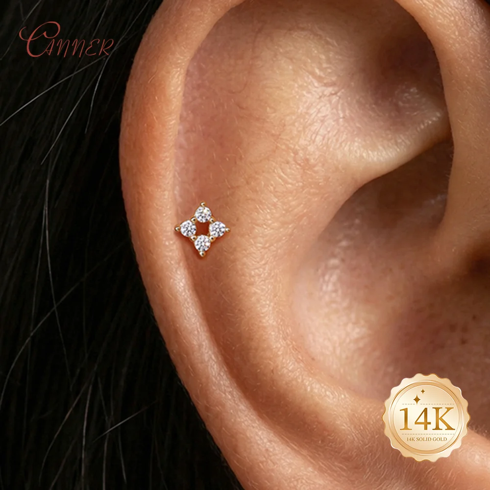 CANNER 14K Solid Gold Skeletonized Four Petals Flower Piercing Earrings For Women Daily Wear Party and Gifts
