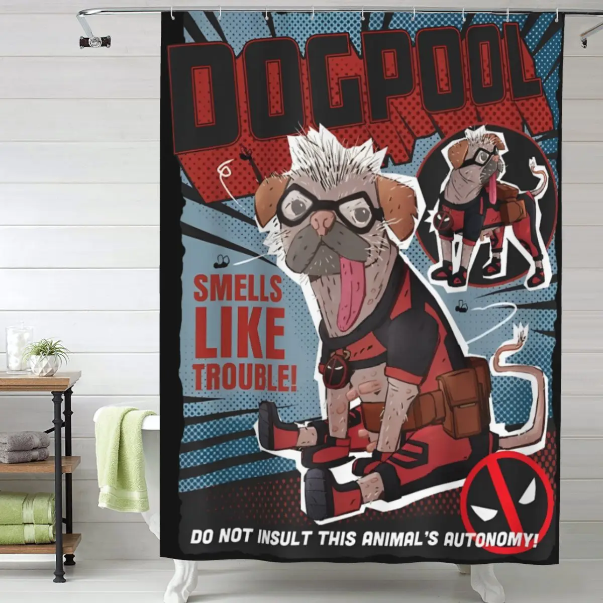 Modern Deadpool & Wolverine Dogpool Doodle Comic Shower Curtain for Bathroom Bathtub 60