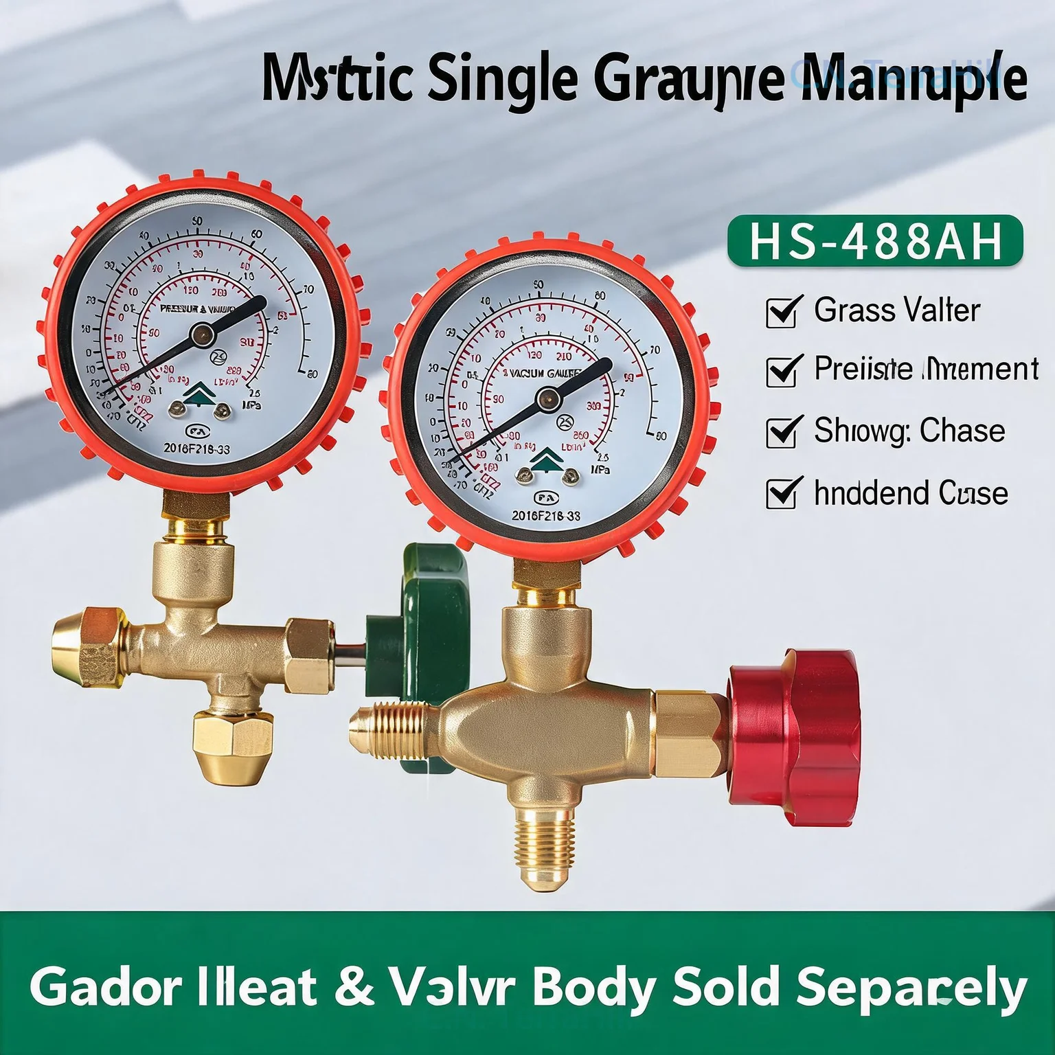 Refrigeration Manifold Gauge Set with Three-Way Valve, HS-488 Metric Pressure Gauge for HVAC AC and Refrigerator Leak Detection