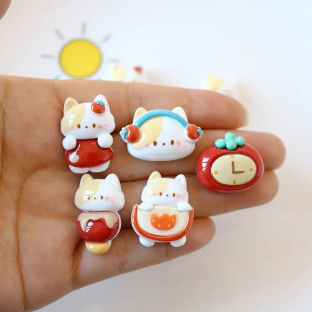 10pc Mini Kawaii Cat Tomato Clock Charms Resin Flat Back Cabochons Scrapbook Diy Party Hairpin Accessories Home Decoration Craft