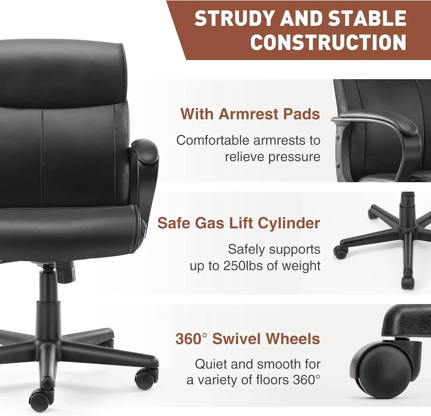 Office Chair - Mid-Back Computer Desk Chair with Armrests, Height Adjustable Home Chair, 360-Degree Swivel, Lumbar Support