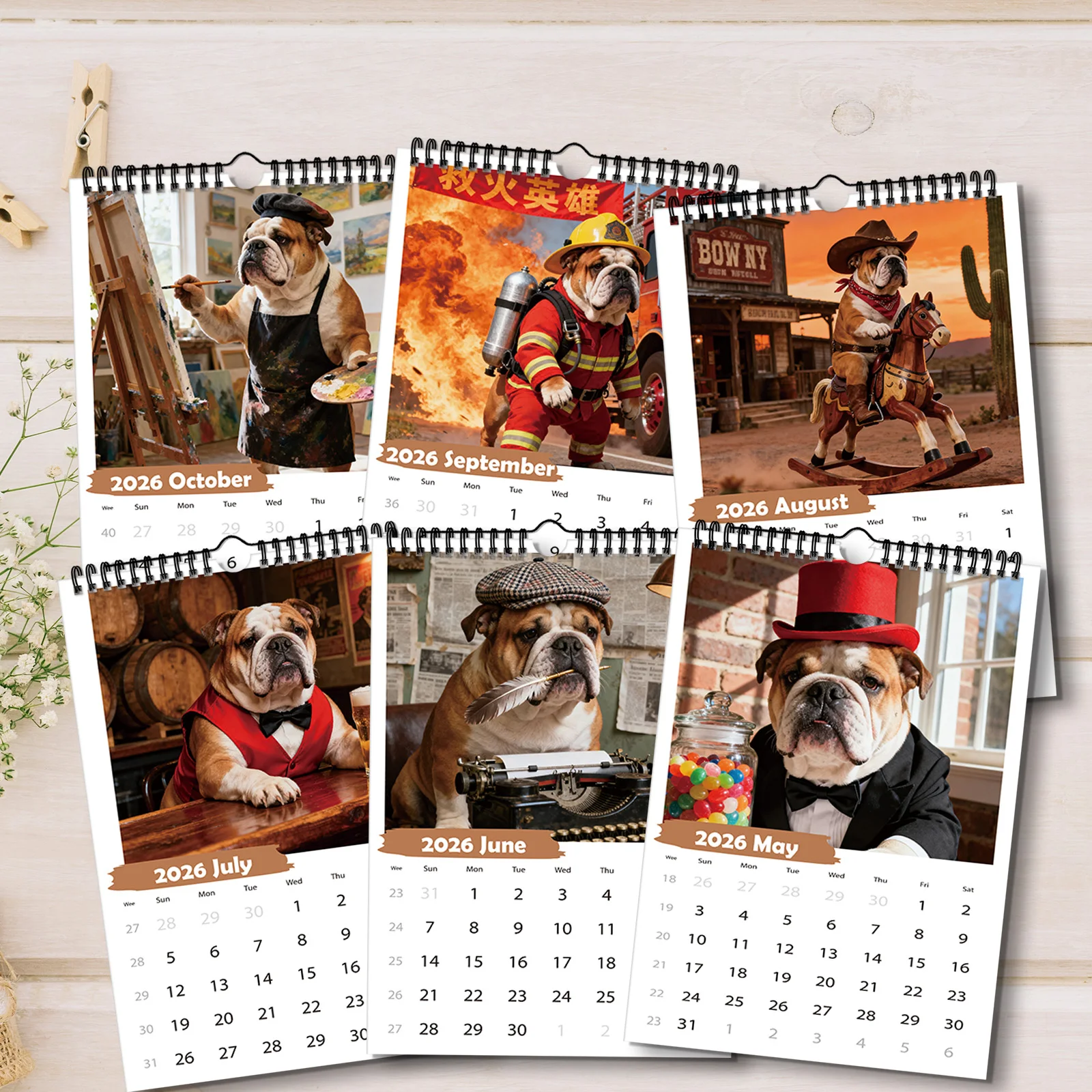 1PC 2026 탐정 스타일 불독 달력, 장식용으로 적합하며 복고풍 스타일 애호가에게 이상적이며 창의적인 선물이 됩니다.