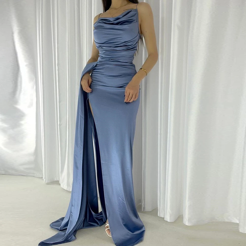 

Saudi Arabia Evening Gowns Straight Square Neck Spaghetti Straps Satin Sleeveless Floor Length Pleats Panel Train Solid Color