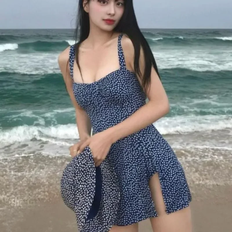 Novo floral uma peça maiô feminino azul sem costas vestido de praia verão a linha streetwear na moda vestidos de uma peça maiô